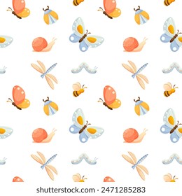 Vector illustration of a seamless pattern with colorful insects in a childish style. Beetles, butterflies, caterpillars, snail in a pattern. Pattern for textiles, gift wrapping