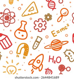 Vector illustration of seamless pattern with colorful science and education doodles. Hand drawn flat design.