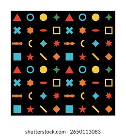 Vector Illustration of Seamless Pattern with Colorful Geometric Shapes – Stars, Squares, Crescents, and Lines on Black Background – Modern Abstract Design for Digital and Print