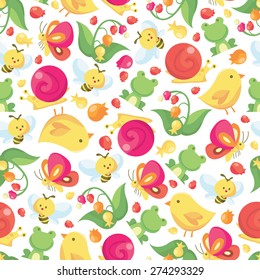 A vector illustration seamless pattern of a colorful spring theme which consists of cute small creatures like frogs, honey bees and birds.