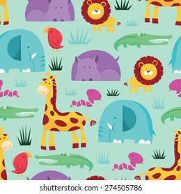 A vector illustration seamless pattern of a colorful cartoon safari animals theme.