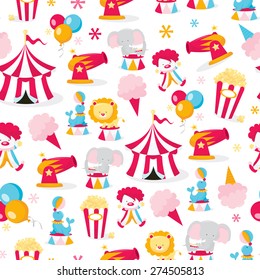 A vector illustration seamless pattern of a colorful cartoon circus theme.