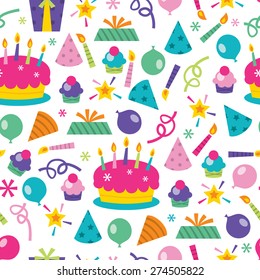 A vector illustration seamless pattern of a colorful cartoon birthday surprise theme.