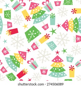 A vector illustration seamless pattern of a colorful retro christmas theme which consists of gifts, christmas tree, snowflakes and stars.