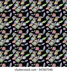 Vector Illustration of seamless pattern with colorful flowers on black background.