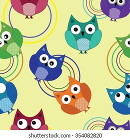 Vector illustration. Seamless pattern with colorful owls.
