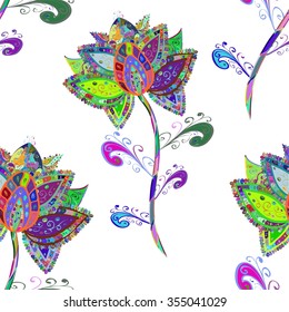 Vector Illustration of seamless pattern with colorful flowers on white background.