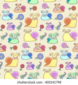 vector illustration, seamless pattern, colorful snail, flowers, leaves, element for design, illustration of children