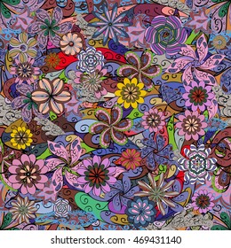 Vector Illustration of seamless pattern with colorful flowers.