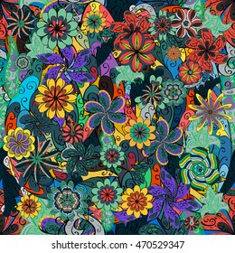 Vector Illustration of seamless pattern with colorful flowers.