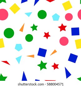 Vector illustration of a seamless pattern of colorful simple shapes - squares, triangles, circles and stars on a white background.