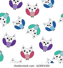 Vector illustration. Seamless pattern with colorful owls.