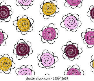 Vector Illustration of seamless pattern with colorful flowers on white background.