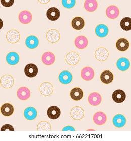 Vector illustration. Seamless pattern of colorful donuts. Background. Design for packaging baking, banner, poster.