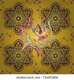 Vector illustration. Seamless pattern with colorful paisley, yellow, black and white flowers and decorative elements. For print on fabric, textiles, wallpaper. Vintage retro style. Seamless background