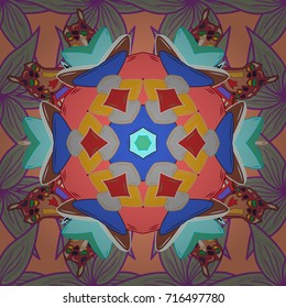 Vector illustration. Seamless pattern with colorful paisley, pink, neutral and blue flowers and decorative elements. For print on fabric, textiles, wallpaper. Vintage retro style. Seamless background.