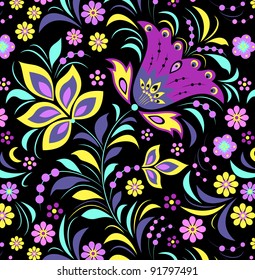 Vector Illustration of  seamless pattern with colorful flowers on black background.