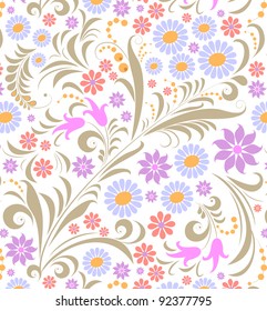 Vector Illustration of seamless pattern with colorful flowers on white background.