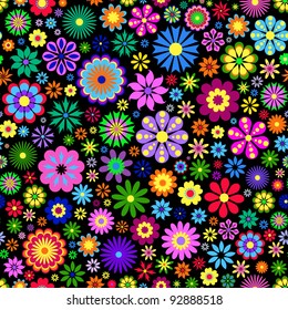 Vector Illustration of seamless pattern with  colorful flowers on black background.