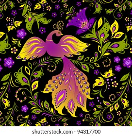 Vector Illustration of seamless pattern with  colorful bird and abstract plant