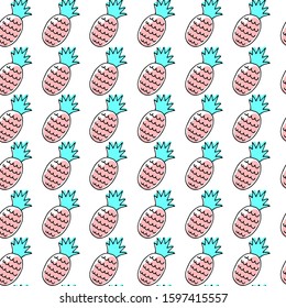 Vector illustration. Seamless pattern with colourful pineapples isolated on white. Hand drawn simple doodle clipart. Summer fruit. Perfect for menu, poster, food banner, children and baby projects.