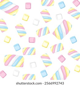 Vector illustration of seamless pattern colourful pastel marshmallows on  white background. Pastel colored sweet chewy candies