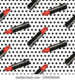 Vector illustration. Seamless pattern in comics style red  lipstick with lipsticks dots  isolated on white background.