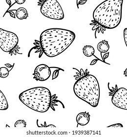 Vector illustration of a seamless pattern consisting of strawberries and berries in black and white style.