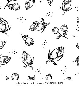 Vector illustration of a seamless pattern consisting of rosebuds and berries
