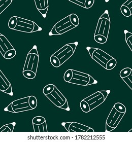 Vector illustration. Seamless pattern with contour of pencil stubs isolated on green background. Office aksessuary. Theme of back to school. Hand drawn simple office supplies doodle clipart.