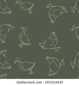 vector illustration seamless pattern the contour of a chicken and a duck of white color on a dark gray background,slate board