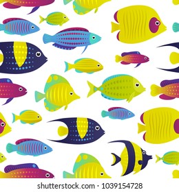 Vector illustration, seamless pattern with  coral reef fish. Cartoon decorative fish illustration.