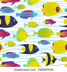 Vector illustration, seamless pattern with  coral reef fish and wave background. Cartoon decorative fish illustration.