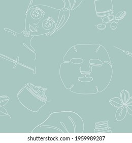 Vector illustration of a seamless pattern with cosmetic services and procedures on blue. Packaging or fabric for cosmetic business, stationery pattern