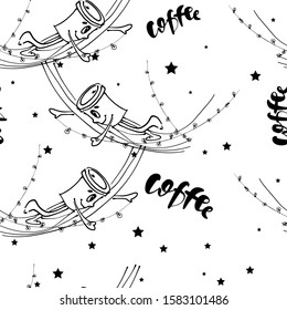Vector illustration, seamless pattern of a cup with coffee in the form of a joyful character can be used for printing on paper, fabric.