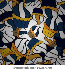 Vector illustration. Seamless pattern. Cupcake, macaron, shortbread. Watercolor illustration. Seamless background cakes. Cute birthday background on black, white and blue.