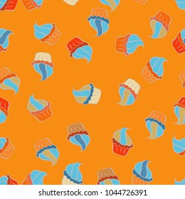 Vector illustration. Seamless pattern of cupcakes on a orange, blue and neutral background. Wrapping paper.
