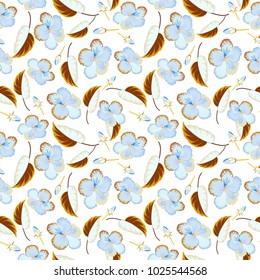 Vector illustration. Seamless pattern with cute hibiscus flowers in white and brown colors.