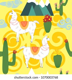 Vector Illustration of seamless pattern with cute cartoon llama alpaca with cactus and design elements on pink background in flat cartoon style.