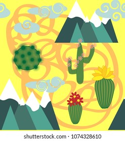 Vector Illustration of seamless pattern with cute cartoon llama alpaca with cactus and design elements on pink background in flat cartoon style.