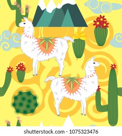 Vector Illustration of seamless pattern with cute cartoon llama alpaca with cactus and design elements on pink background in flat cartoon style.