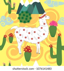 Vector Illustration of seamless pattern with cute cartoon llama alpaca with cactus and design elements on pink background in flat cartoon style.