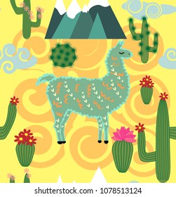 Vector Illustration of seamless pattern with cute cartoon llama alpaca with cactus and design elements on pink background in flat cartoon style.