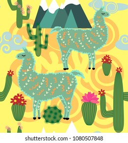 Vector Illustration of seamless pattern with cute cartoon llama alpaca with cactus and design elements on pink background in flat cartoon style.