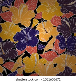 Vector illustration. Seamless pattern with cute hibiscus flowers in orange, violet and yellow colors.