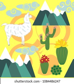 Vector Illustration of seamless pattern with cute cartoon llama alpaca with cactus and design elements on pink background in flat cartoon style.