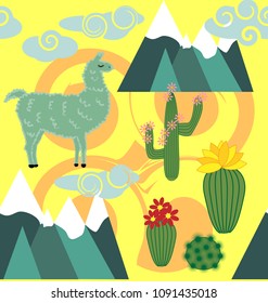 Vector Illustration of seamless pattern with cute cartoon llama alpaca with cactus and design elements on pink background in flat cartoon style.