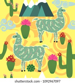 Vector Illustration of seamless pattern with cute cartoon llama alpaca with cactus and design elements on pink background in flat cartoon style.