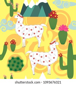 Vector Illustration of seamless pattern with cute cartoon llama alpaca with cactus and design elements on  background in flat cartoon style.