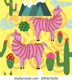 Vector Illustration of seamless pattern with cute cartoon llama alpaca with cactus and design elements on  background in flat cartoon style.